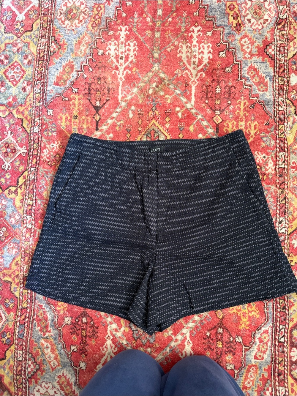 LOFT Navy and Black Textured Mid-Rise Shorts